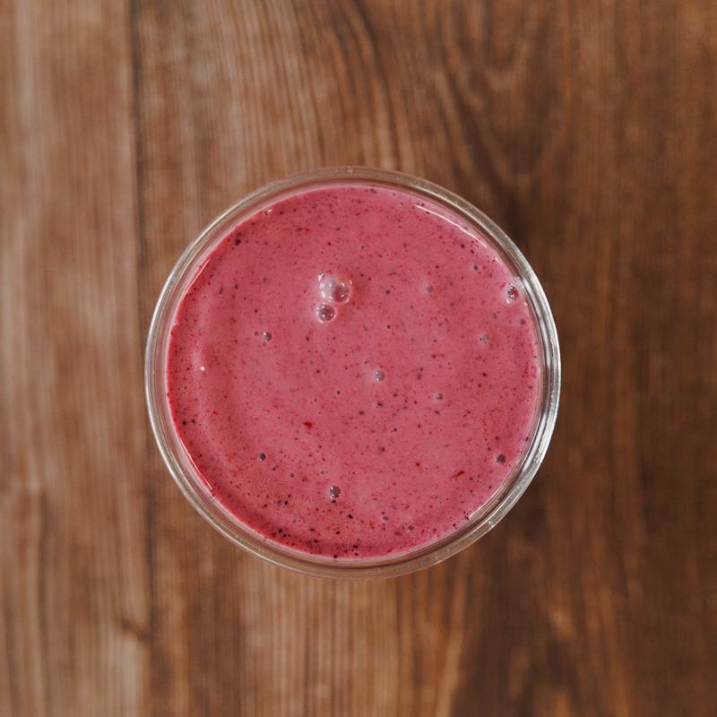 Mixed berry smoothie, overhead